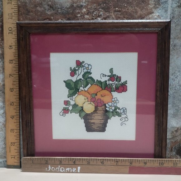 Vintage Framed Cross Stitch Fruit Basket Wall Artwork Hanging Decor - Picture 9 of 10